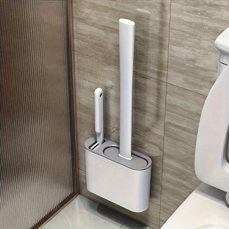 1 Set mit 2 Toilettenbürsten und 1 Toilettensitzabdeckung, wandmontierte Toilettenbürste, weicher Toilettenbürstenkopf aus Silikon, Toilettenbürste mit langem Griff