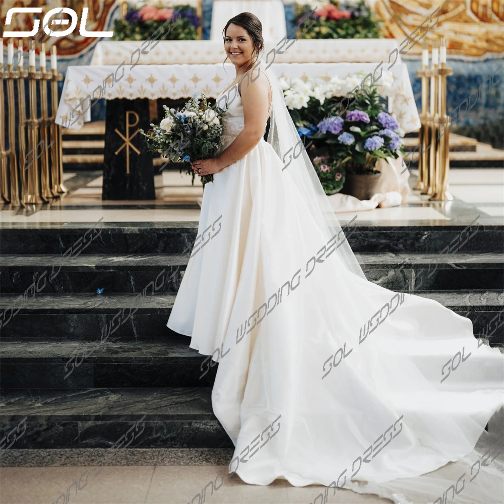 Sol einfache Spaghetti träger A-Linie Brautkleid rücken frei V-Ausschnitt Satin boden lange Ballkleider Sweep Train Vestido de Novia