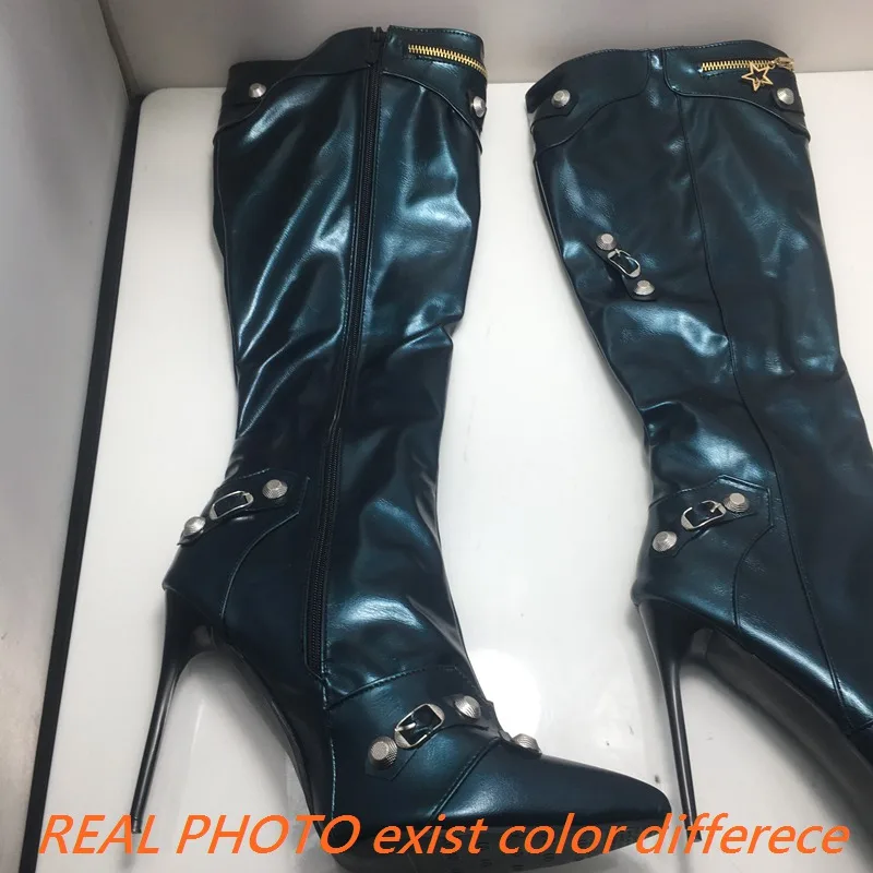 REAVE CAT Sexy Women Long Boots Pointed Toe Stiletto 12cm Decoration 46 47 48 Female Knee High Booties