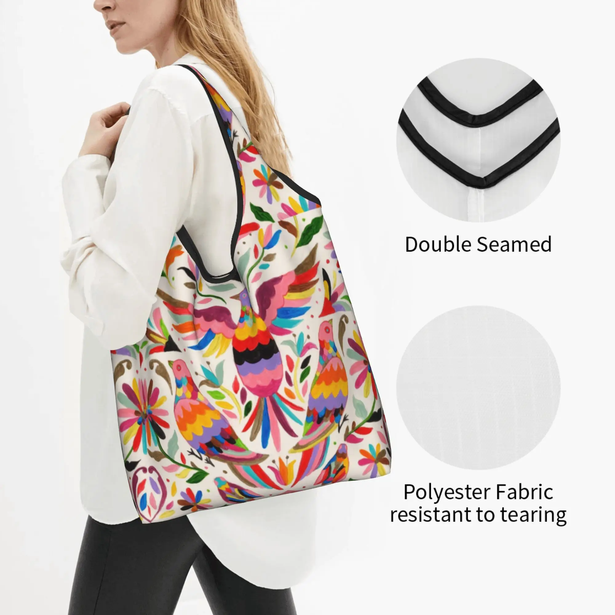 Fashion Mexican Otomi Birds Texture Groceries Shopping Bag Cute Shopper Shoulder Tote Bag  Portable Folk Floral Art Handbag