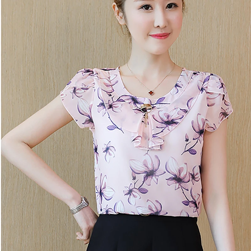 

Fashion O-Neck Printed Ruffles Chiffon Blouses Women's Clothing 2025 Summer New Loose Short Sleeve All-match Tops Korean Shirts