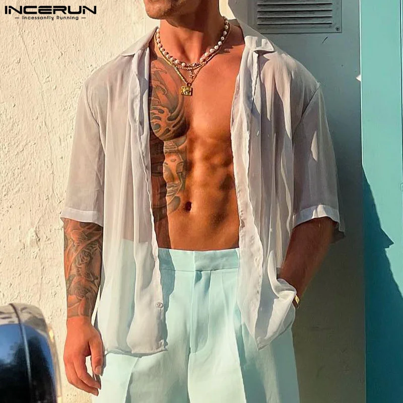 INCERUN Tops 2024 American Style Men\'s Chiffon See-through Thin Shirts Leisure Streetwear Male Short Sleeved Lapel Blouse S-5XL