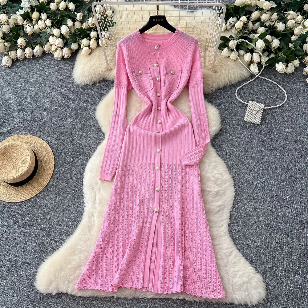 

7 Colors Elegant Knitted V-neck Long Dress Women Single Breasted Long Sleeve Slim Dresses Chic Female Hip Package Vestidos