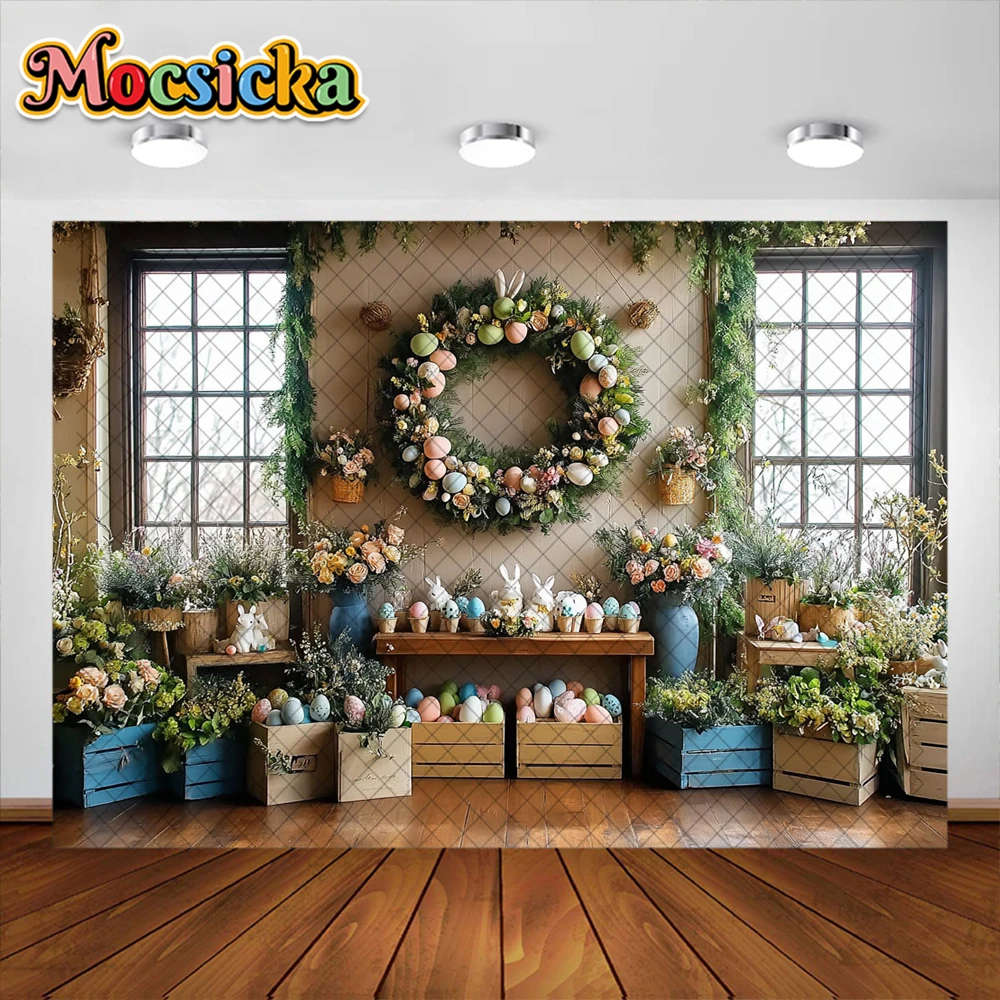 Fondo de fotografía de Pascua de primavera, guirnalda de conejito bonito, decoración de huevos, retrato de vacaciones para Baby Shower, accesorios de estudio