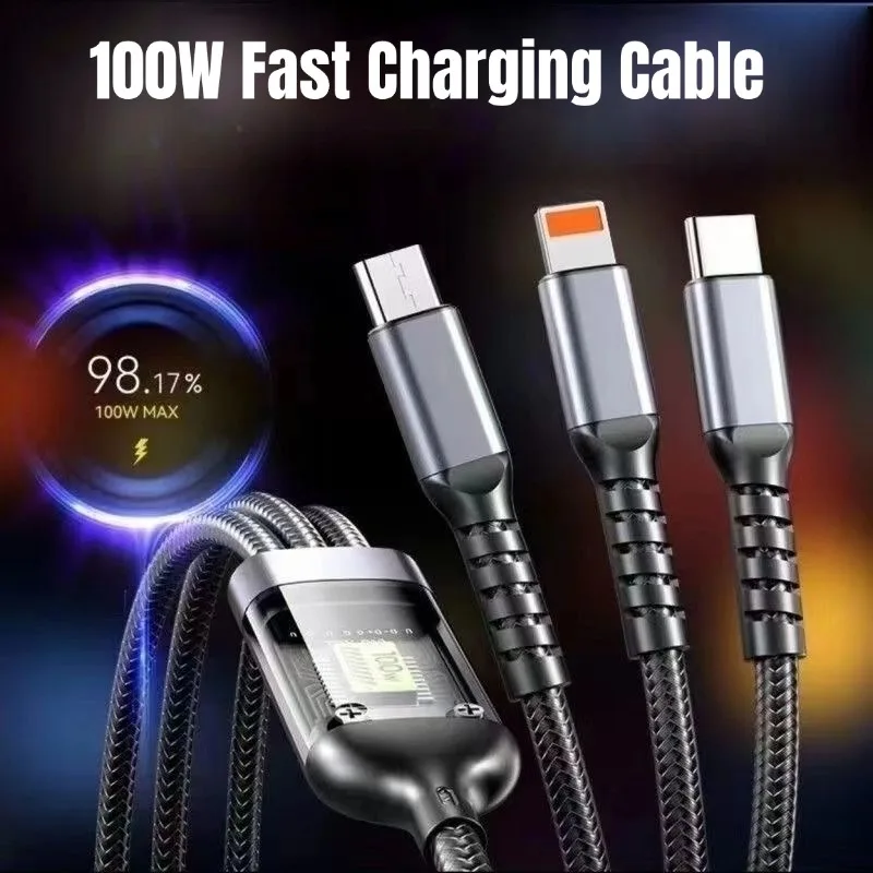 New 100W Fast Charging 3-in-1 Micro USB Type C Quick Charge Phone Data Line Cord For Iphone 15 14 13 Xiaomi Huawei