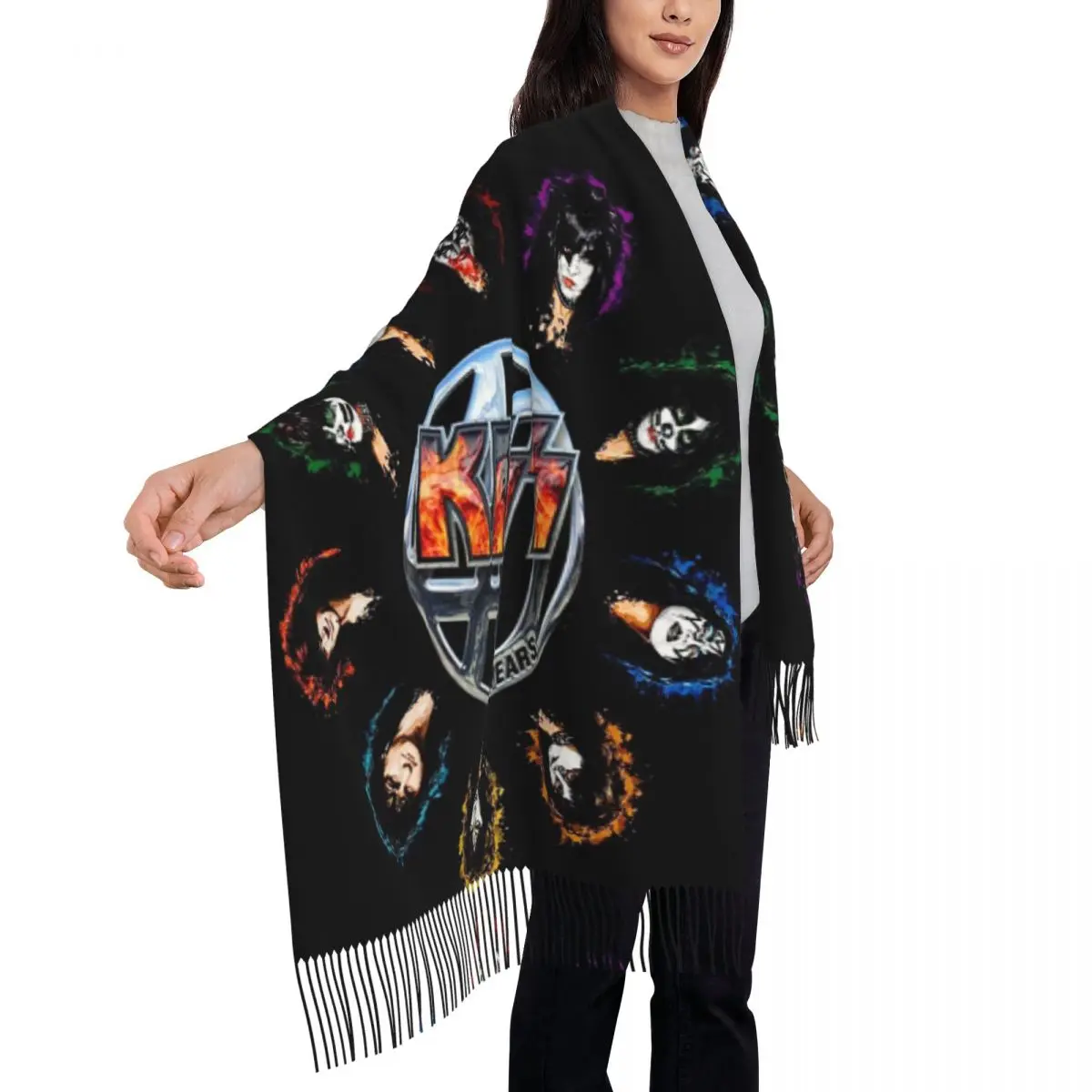 KISS The Band デーモンレッド ロックミュージック スカーフ タッセル付きスカーフ レディース ソフトで暖かいショールとラップ ロング 秋 冬 ショール ラップ