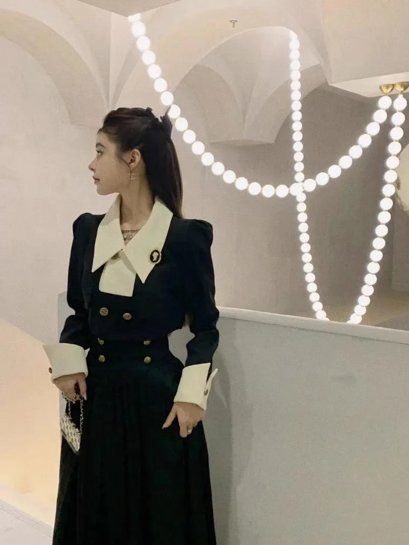 French Temperament Contrast Color Suit Coat Pleated Skirt Two-piece Set Women Lapel Double Breasted Celebrity Slim Spring Set