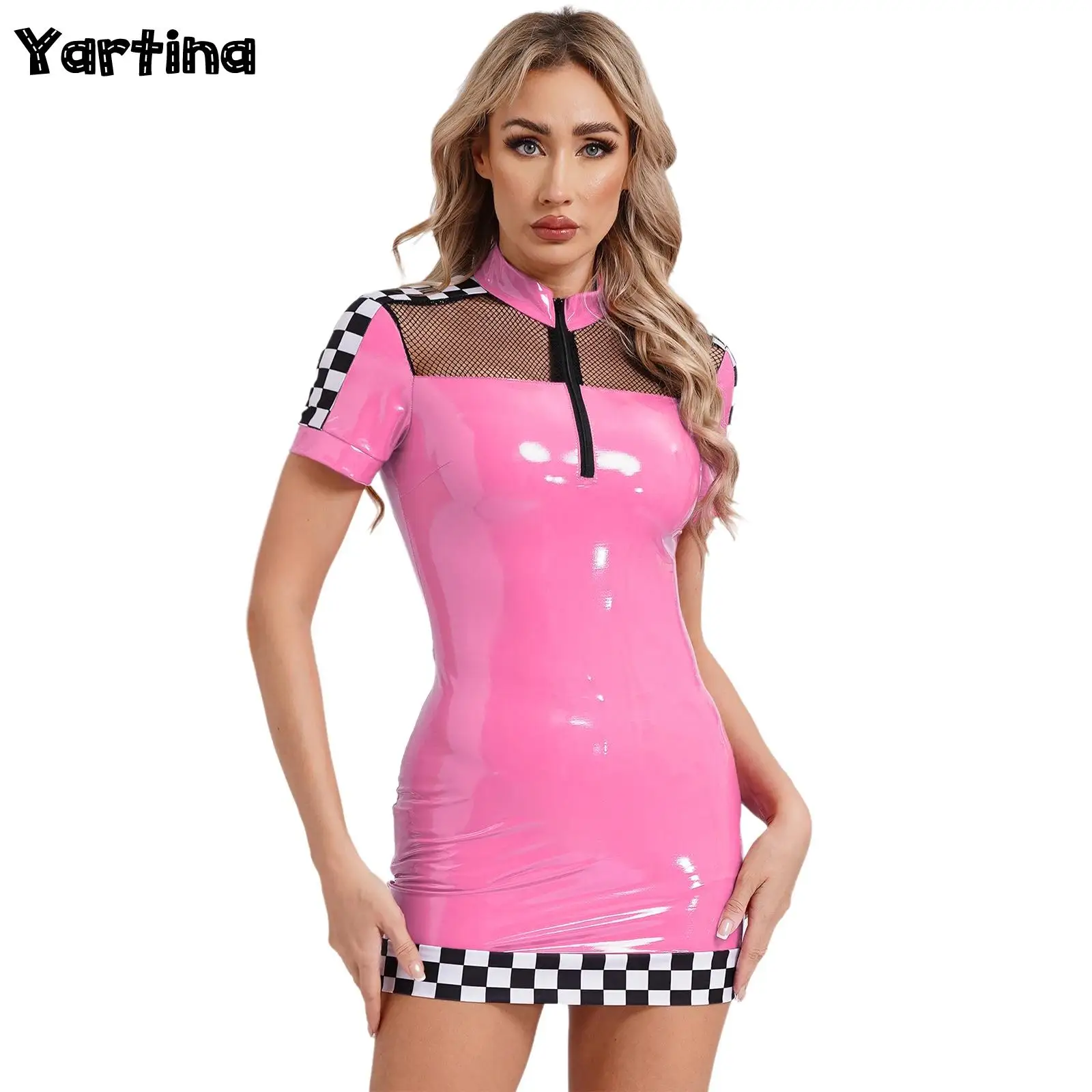 Damen Wet Look Leder Racer Fahrer Latex Bodycon Mini kleid Cosplay Clubwear Schachbrett Kurzarm durchsichtig Mesh Kleid