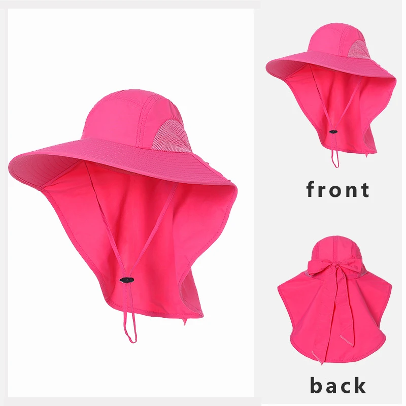 Summer Women Sun Hat with Shawl Large Bowknot Solid Color Breahtable Bucket Cap Quick Drying Anti-UV Outdoor Travel Beach Hat