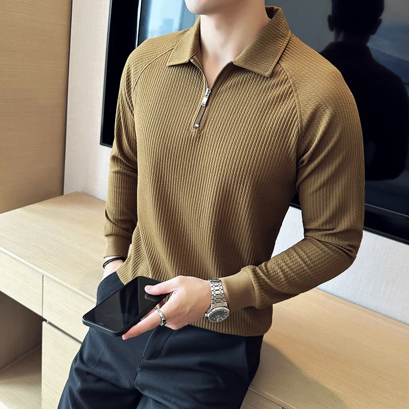 2023 Autumn High Elastic Thickened Seersucker Half Zip Polo Shirt Men Fashion Casual Business Lapel Long Sleeve T-shirts M-4XL