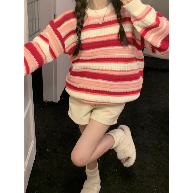 Women Blue Clothing Vintage Knitting Sweater Red Cartoon Long Sleeve Casual Korean Fashion Baggy Female 2023 Winter Stripe Tops