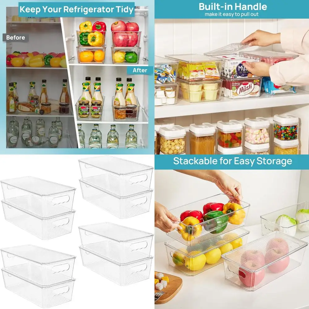 

Штабелируемые прозрачные пластиковые ящики для хранения с крышками для кухни, холодильника, кладовой и шкафа.