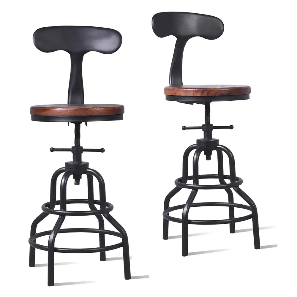 Industrial Vintage Counter Stool, Kitchen Counter Height Adjustable Swivel Chair, Metal Frame Stool, With Iron Backrest,