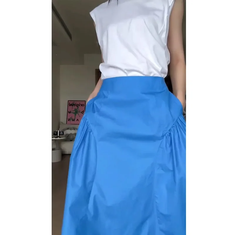 Zomer Puur Katoenen Pocket Rokken Hoge Elastische Taille Koreaanse Casual A-Line Midi Rokken