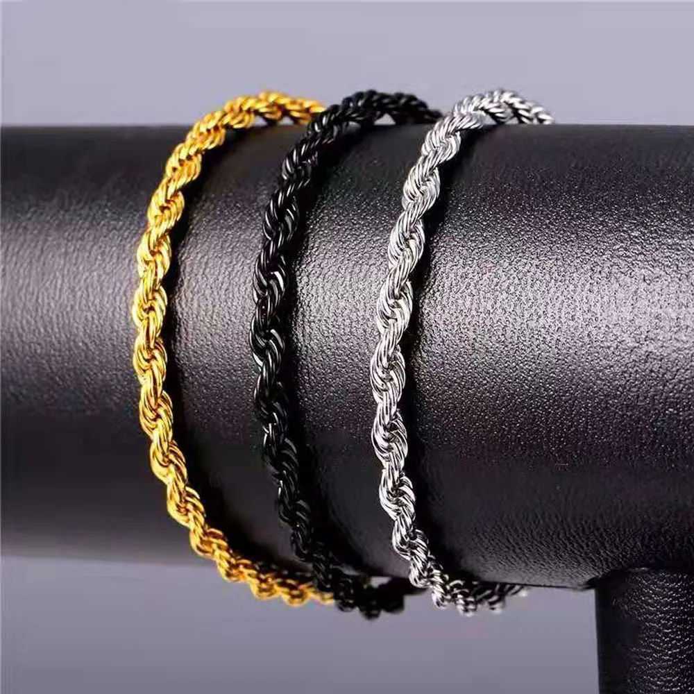 3-5mm Wide Stainless Steel 22CM Length Gold-Color Twist Chain Bracelet Couple Gift Hand Jewelry Wholesale Drop Shipping