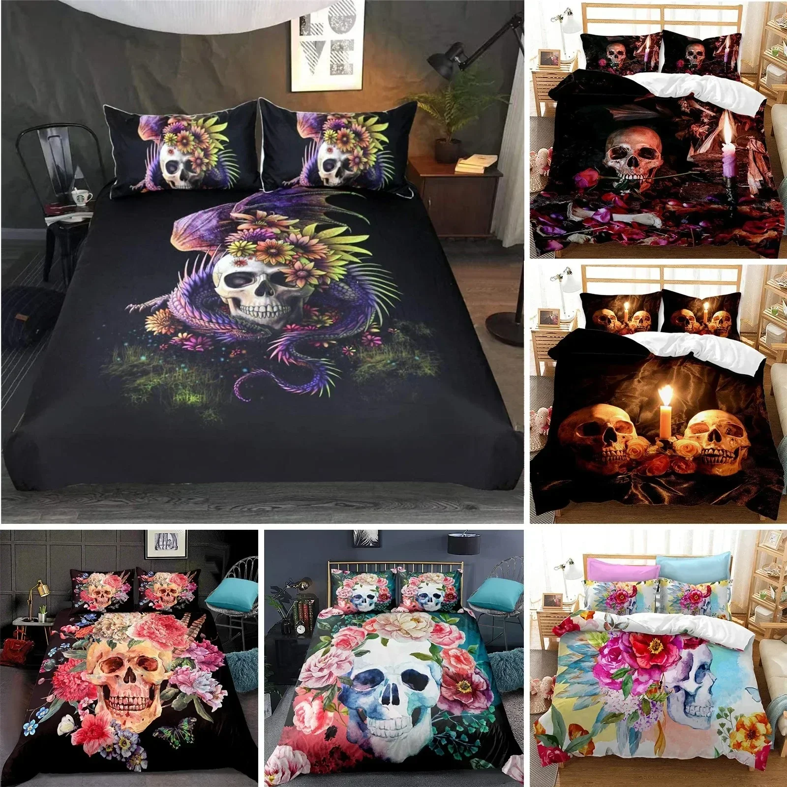 3D Sugar Skull Comforter Cover Set Twin Size Flowers Print Bedding Set Black Microfiber Polyester Duvet Cover Set