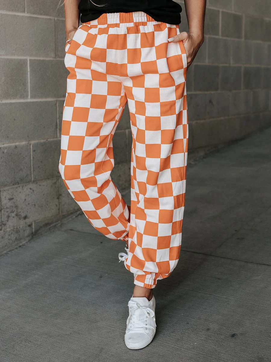 สตรี Checkered Cargo กางเกงเอวยางยืดสีบล็อก Gingham หลวม Jogger กางเกง Streetwear