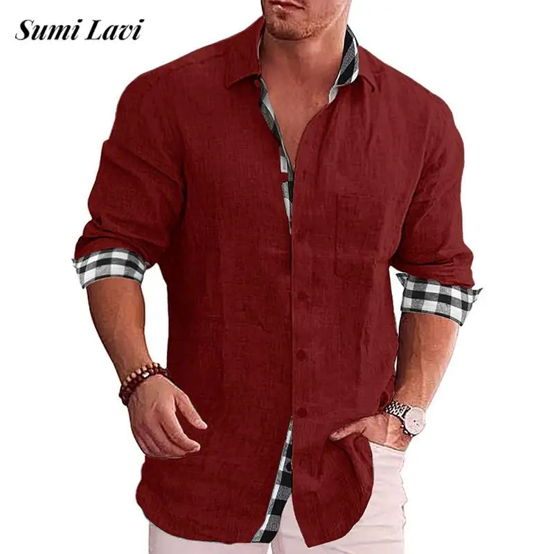 

2024 Spring Autumn Casual Shirts For Men Long Sleeve Button-up Turn-down Collar Shirt Vintage Plaid Print Patchwork Mens Shirts