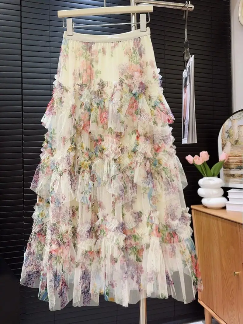 Y2K Cake Skirt Women European American Patchwork Printed Mesh Half Floral Fluffy Long