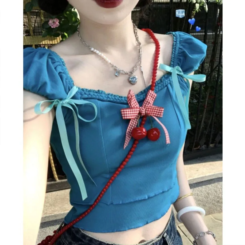 

Fashion Trend Summer Women Dopamine Woven Rope Bow Frenulum Short Sleeved T-shirt Square Neck Puff Sleeve Slim Comfortable Tops