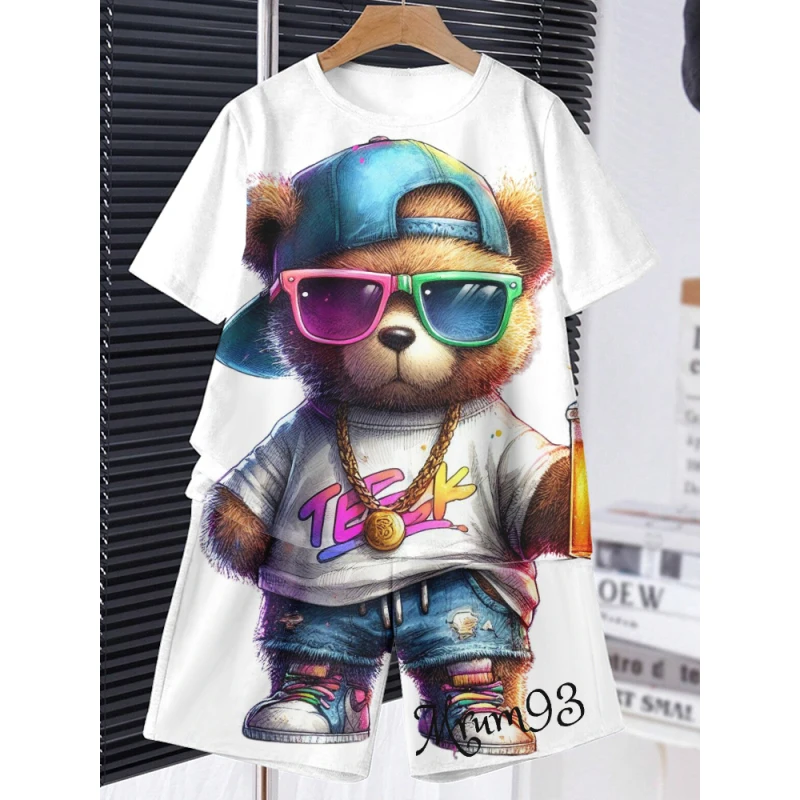 Anime Trend Kitten Print Short-sleeved T-shirt Shorts Summer Fashion Street Short-sleeved Suit Men's Comfortable Leisure 2-piece