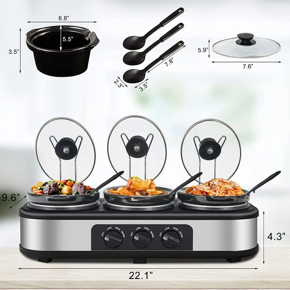 Triple Slow Cooker dengan sandaran tutup, server Prasmanan sarapan dan penghangat dengan 3X1,5 QT, tutup kaca Tempered