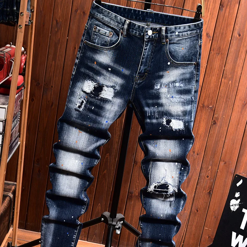 

American high-end blue jeans for men, slim fit with small holes, paint print, Korean style trendy retro pants