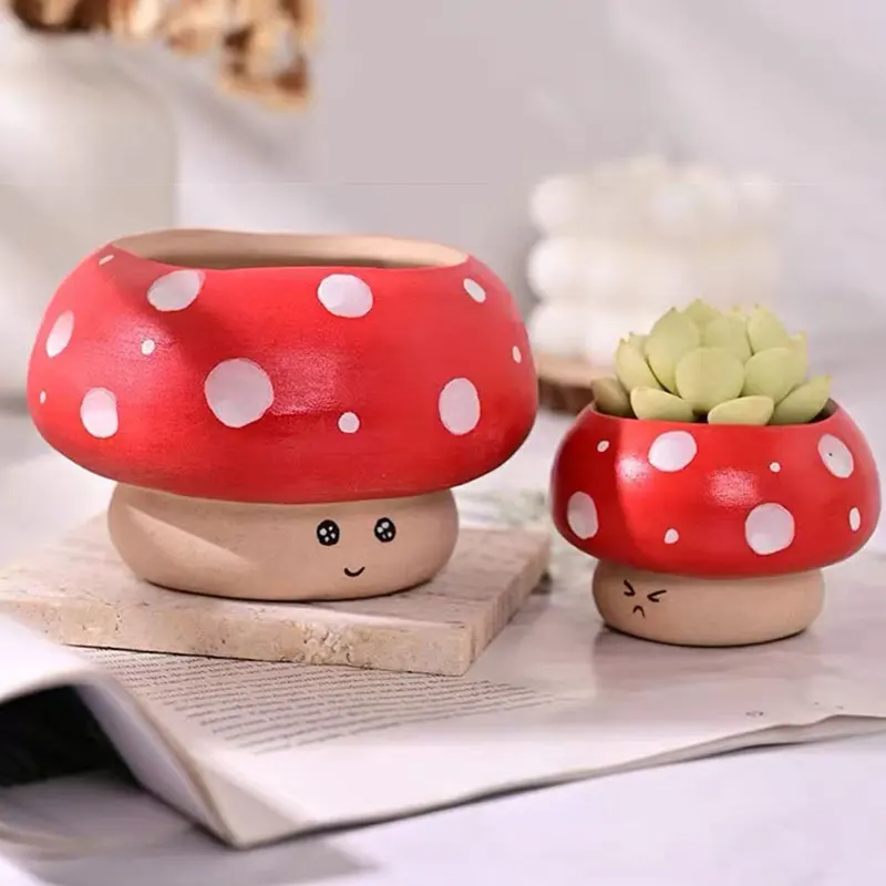 Cute Smile Mushroom Plant Pot, Mini Kawaii Cartoon Succulents Planter, Red Mushroom Ceramic Pot with Face, Home Decor Gift