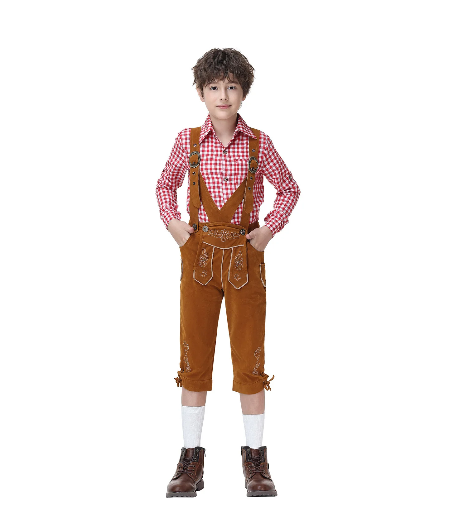 Vintage Bayerisches Lederhosen-Outfit für die Familie, Weißes Karohemd, Bestickte Hosenträgerhose, Oktoberfest-Party-Cosplay-Kostüm – Detail 19