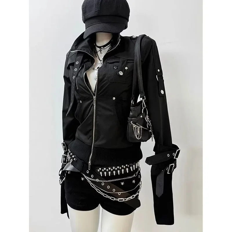 Veste à Capuche de Style Gothique, Hip Hop, Punk Rétro, Manteau de Motard, Vêtements d'Extérieur Vintage, Y2k, Col Montant, Décontracté, Noir, Printemps, 2025