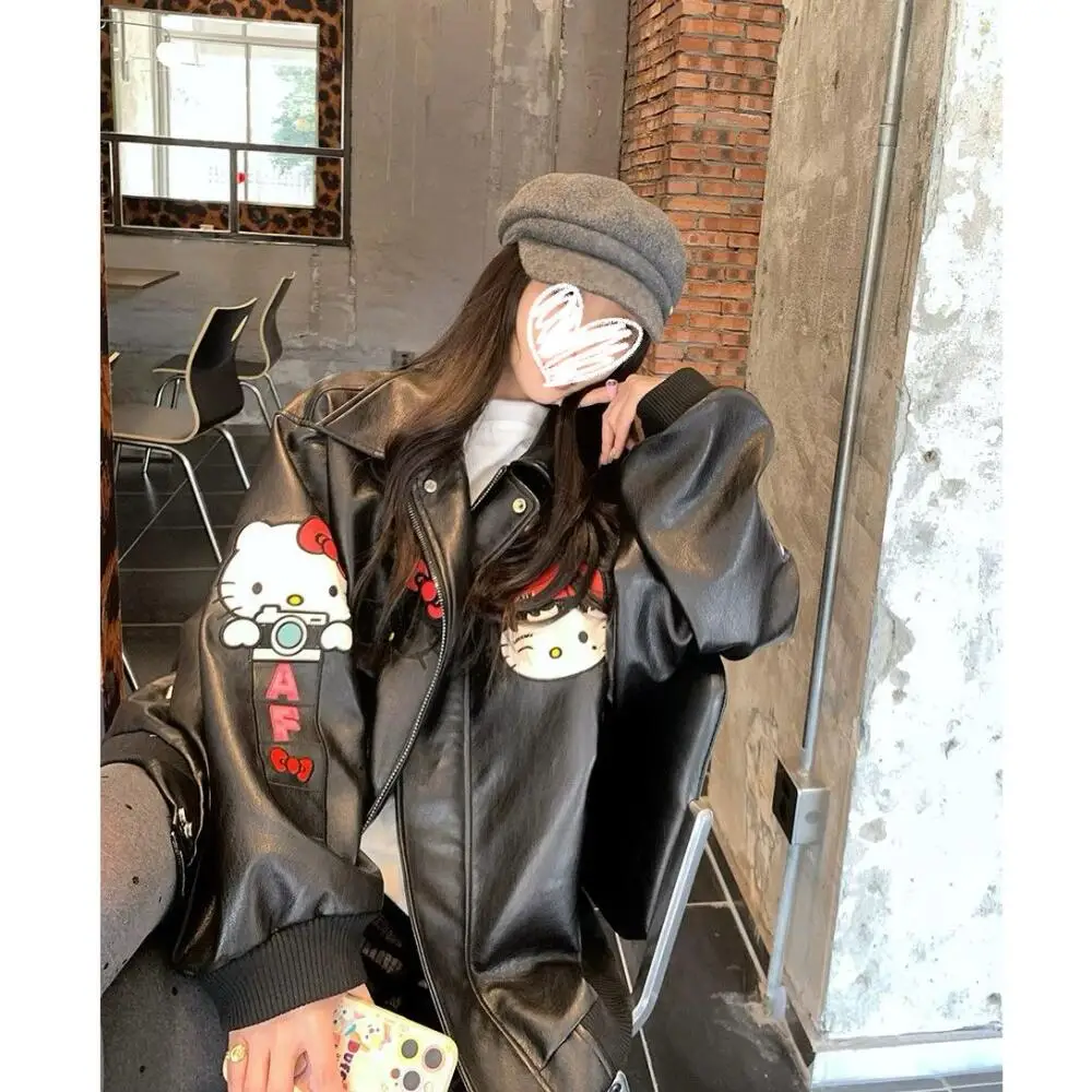 

Y2K Hello Kitty Women Zipper Pu Leather Jacket Sanrio Anime Kawaii Autumn Lapel Coat Girls Student Cartoon Casual Cardigan Tops