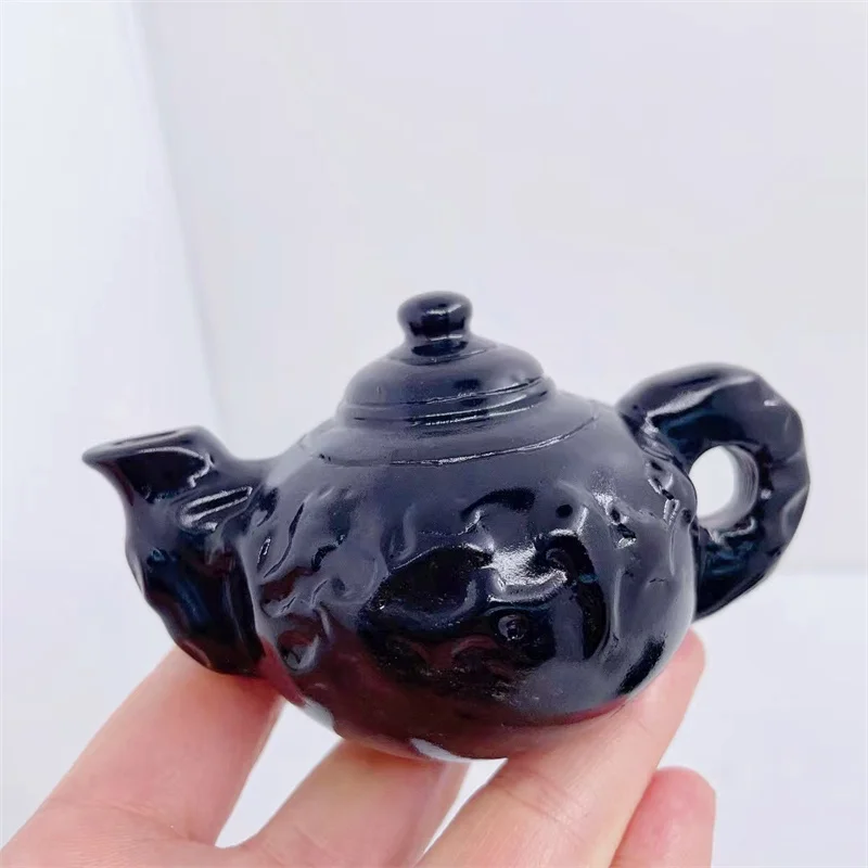 Natural Black Obsidian Teapot Carving Crafts, Healing Energy Stone, Birthday and Christmas Gift, 1Pc