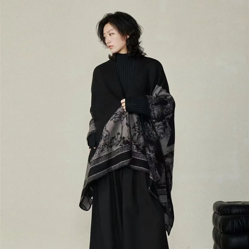 

2025 New Gentle Fashion Atmosphere Niche Contrasting Ink Painting Cape Shawl for Women Autumn Winter Retro Scarf Femme Wh2