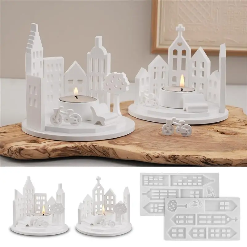 Hollow House Design Tealight Candle Holder Silicone Mold DIY Castle Ornaments Gypsum Pouring Resin Mold Home Decor Holiday Gifts