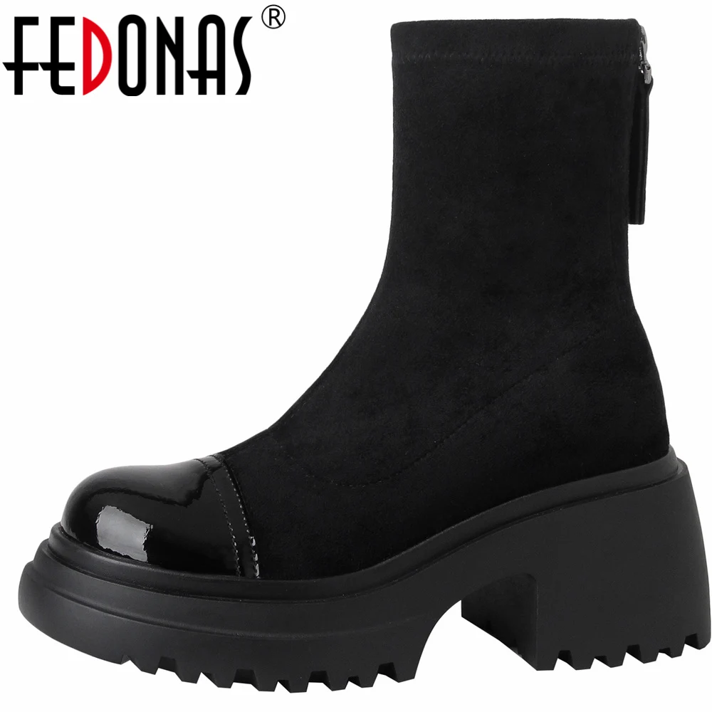 

FEDONAS Punk Leisure Women Ankle Boots Splicing Thick High Heels Platforms Shoes Woman Back Zipper Casual Outdoor Autumn Winter