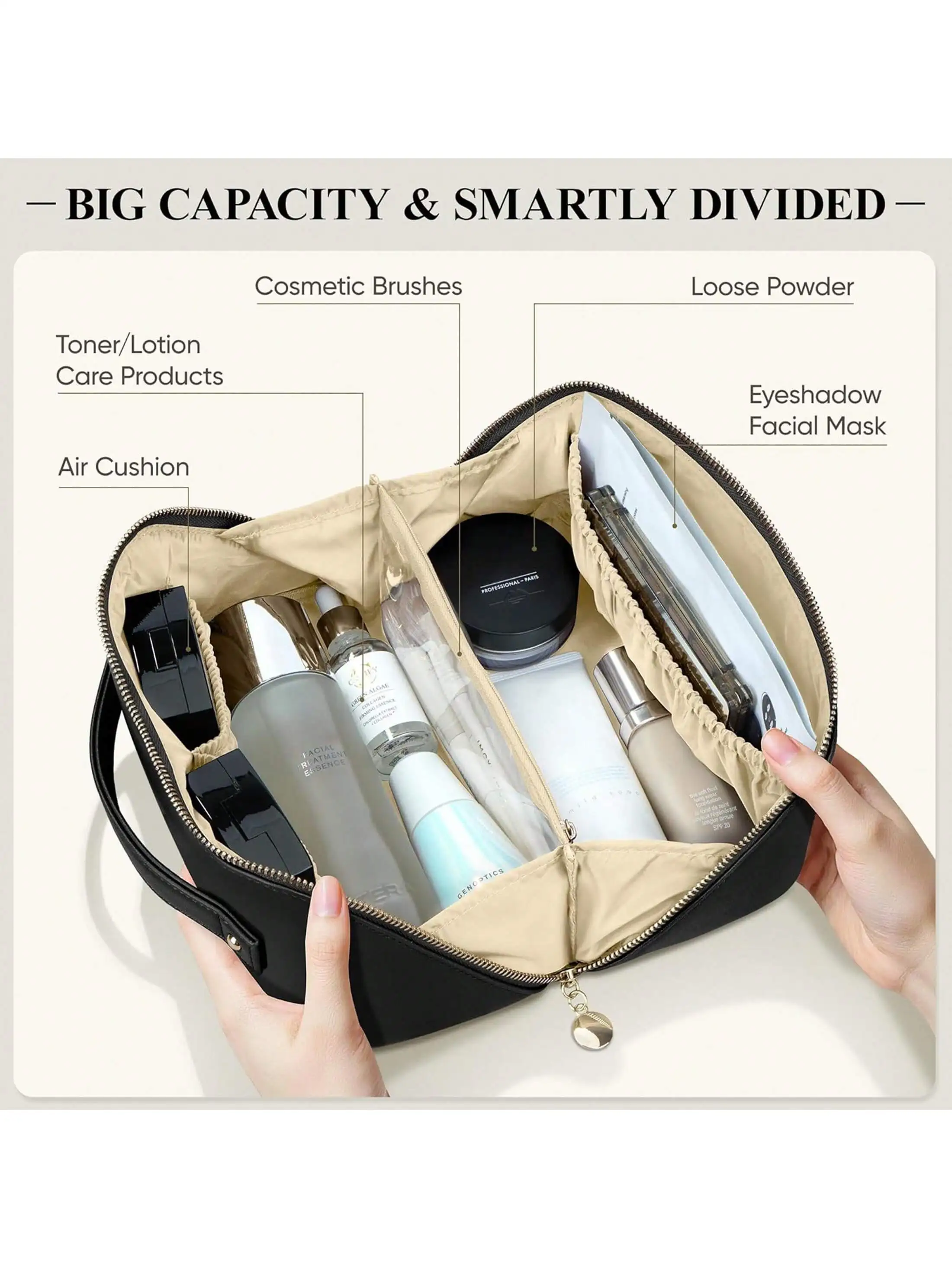 Trousse de maquillage portable en PU pour femme de 25 L Noir, trousse de toilette de voyage de grande capacité – Organisateur de rangement de cosmétiques et étui à cosmétiques