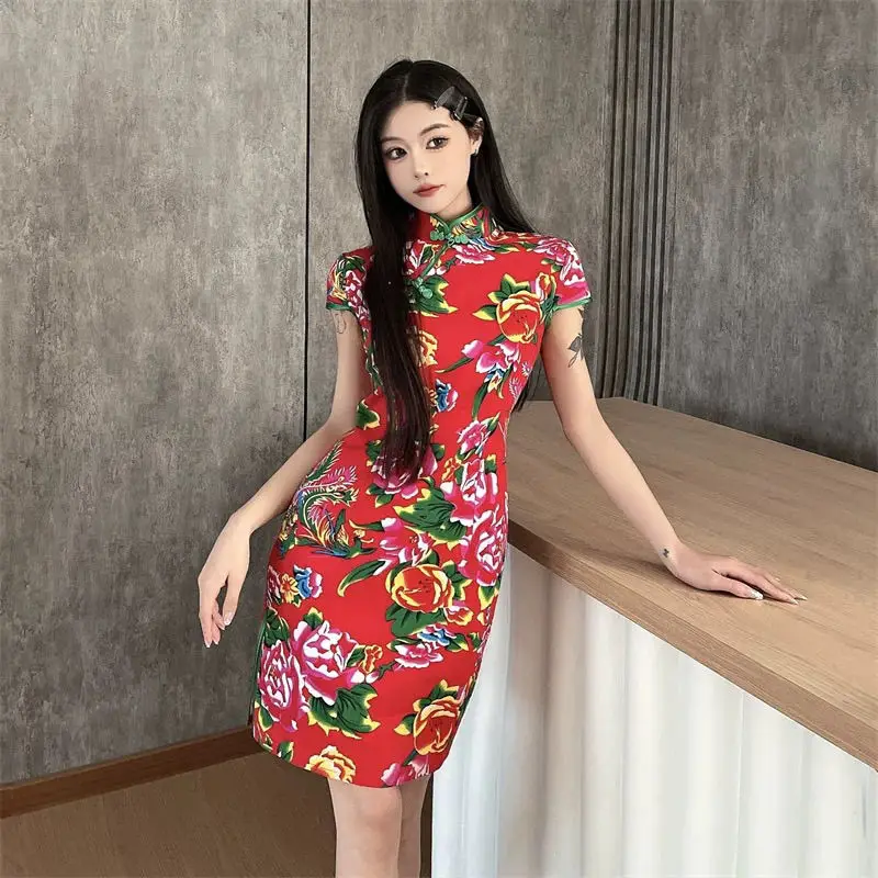 

150kg Plus Size Fat Mm Women Chinese Style Flower Print Cheongsam Retro Slim Sexy Party Bodycon Split Dress Vintage Qipao Women