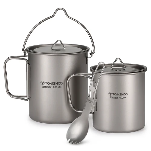 Imagen 2 del producto Tomshoo Juego de utensilios de cocina de titanio, olla ultraligera de 750 ml, taza de agua de 450 ml con tapa, deportiva plegable para acampar al aire libre, mochilero, 3 uds.
