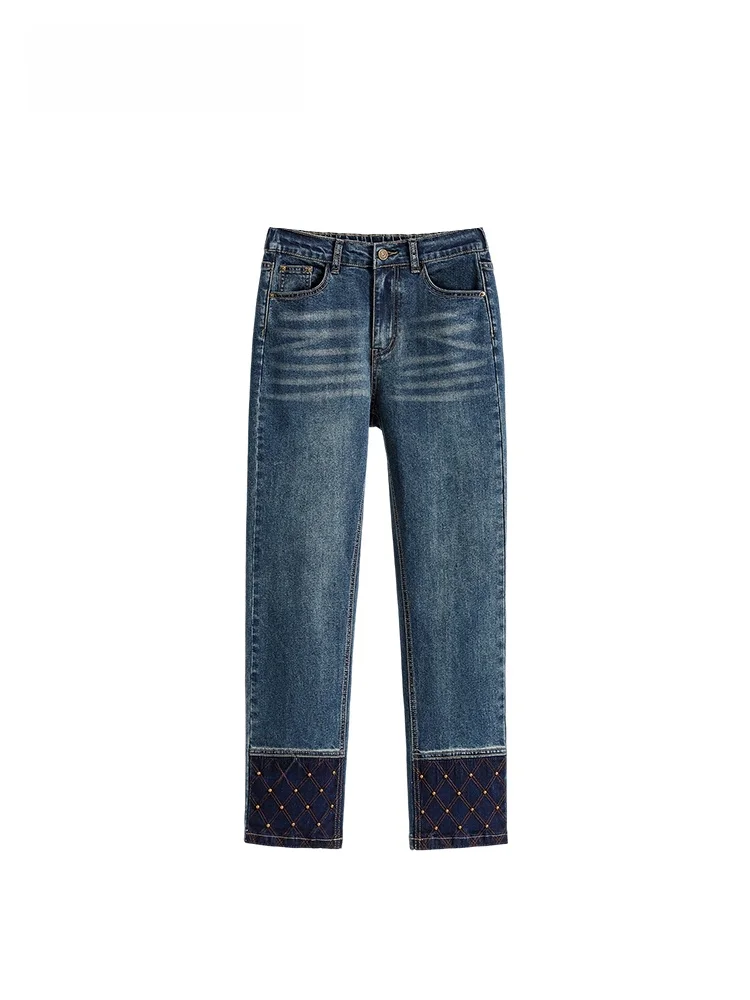 

Джинсы с высокой талией и прямыми штанинами для женщин больших размеров, повседневные, модные, весенние, новые, из смеси хлопка и полиэстера, удобные брюки