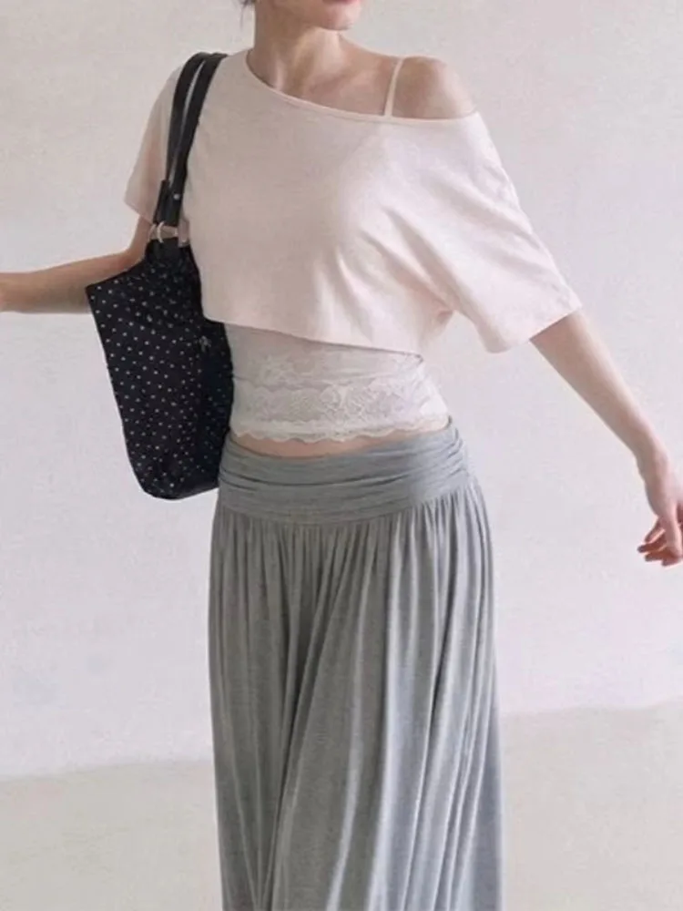Two Piece Sets Women Loose Diagonal Collar T Shirts Off Shoulder Lace Patchwork Camisole Y2k Aesthetic Suits Ladies