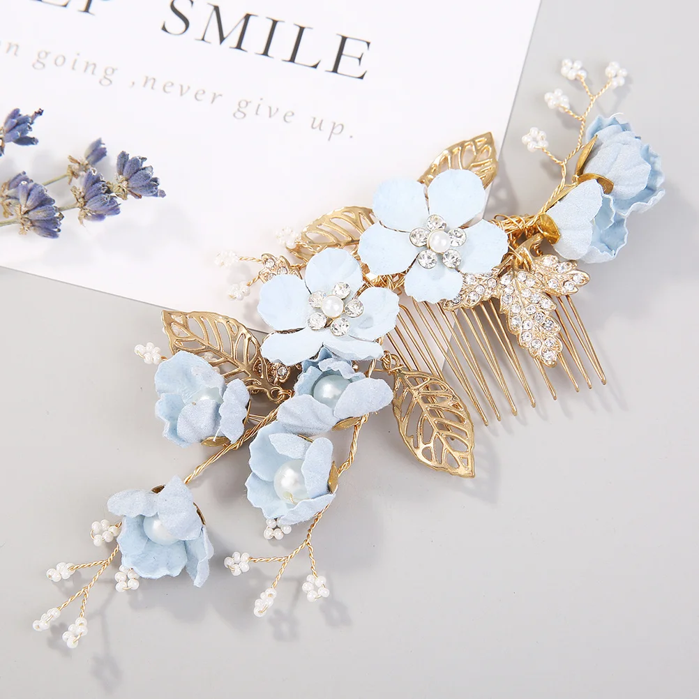 

Elegant Cloth Flower Bridal Hair Combs Rhinestone Pearl Beaded Headpiece Blue Wedding Accessory Cloth Flower Hair Comb