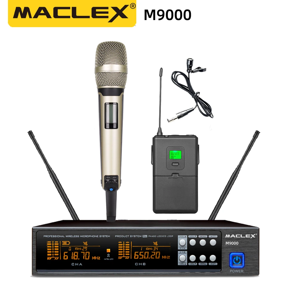 Maclex M9000 UHF bodypack Headset Dual Channel Dual Handheld Microfone profissional sem fio Sistema Stage Performance Dynamic
