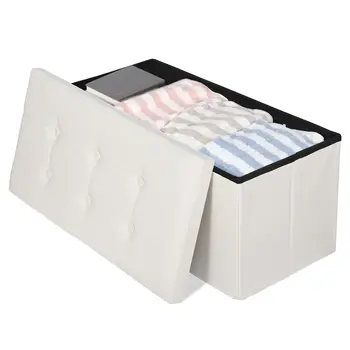 Pouf de rangement pliant de 30 pouces avec siège rembourré en mousse, repose-pieds, coffre à jouets Beige