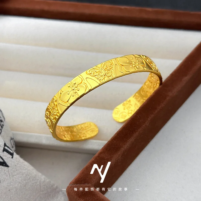 

New National Style 9999 24K Real Gold Engraved Butterfly Plum Blossom Jiyan Open Mouth Hand Women's Bracelet Wholesale