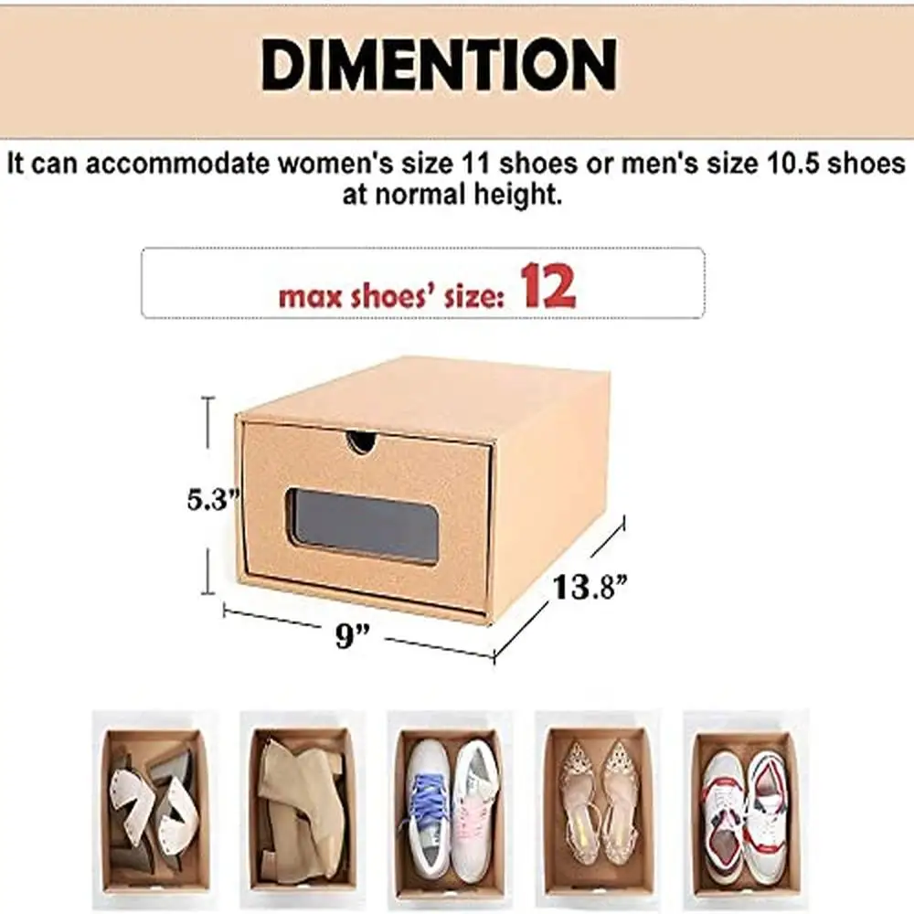 20PCS Shoe Storage Box with Transparent Window Heavy Duty Kraft Stackable Cardboard Drawer Organizer Sneaker Shoes