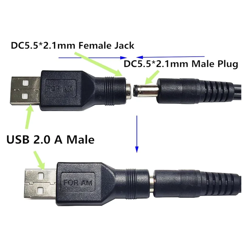 USB to DC Power Adapter USB 2.0 A Male to DC 5.5x2.1mm Female Connector DC5521 Female to Type A Male Adapter
