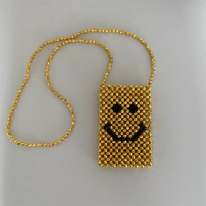 Smiling Face Design Phone Bag Handmade Beaded Women Crossbody Purses Handbags Party Dinner Beach Vacation Lady 2023 Summer