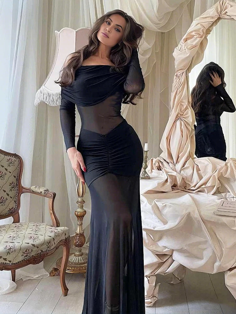 Elegancka długa sukienka damska Kliou z marszczeniami, siateczkowymi wstawkami, dekoltem typu slash, odkrytymi plecami, długimi rękawami, dopasowana, na wieczorne przyjęcie, bal, vestidos.