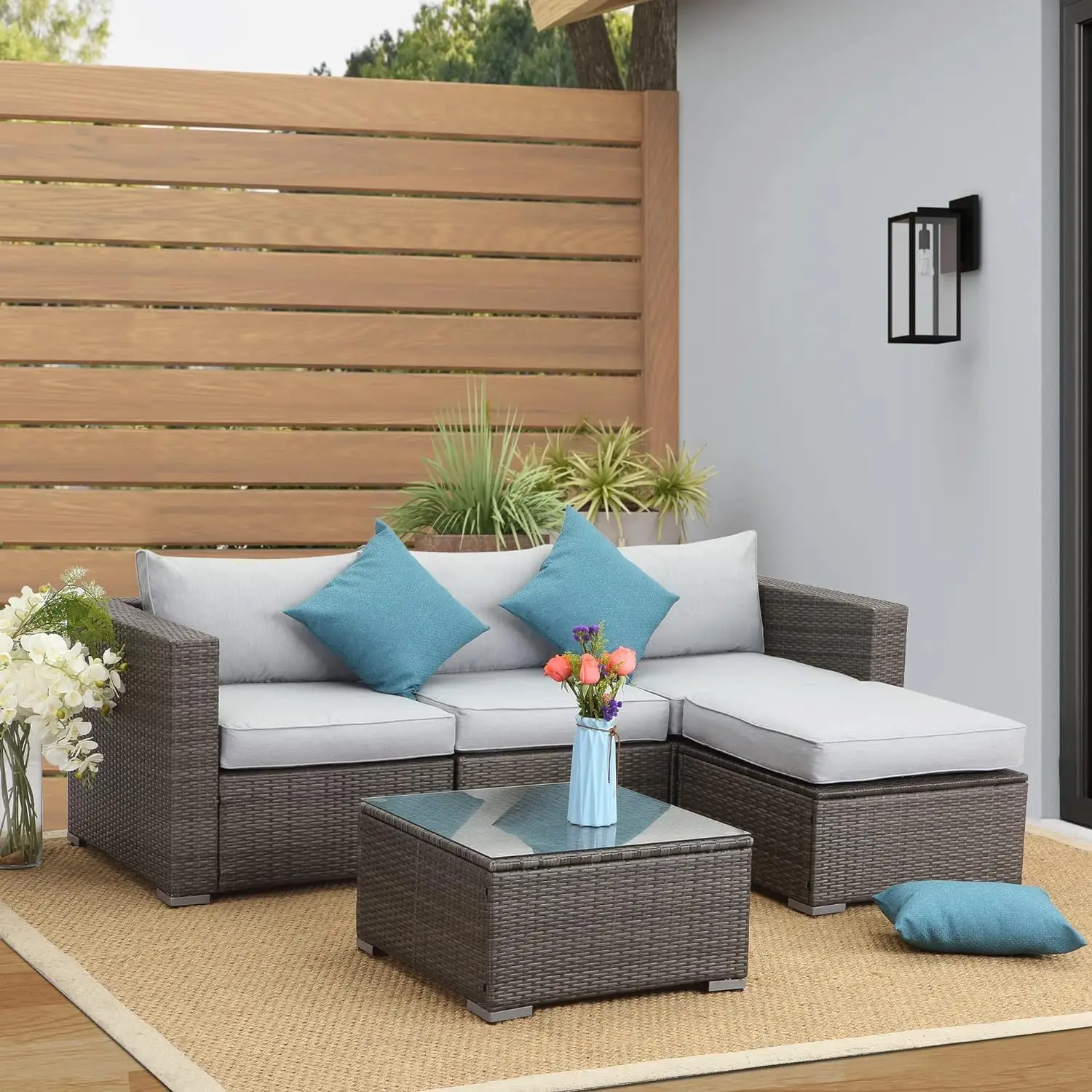 Patio Furniture Set, Outdoor Sectional Sofa with Glass Coffee Table, Wicker Rattan PatioSet with Ottoman for Balcony, Backyard