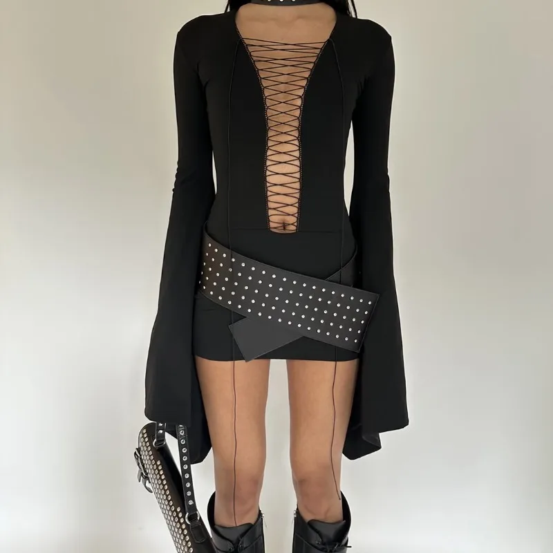 Mini robe Hipster noire pour femmes, Coquette froncée, Sexy, décolleté en V profond, manches longues évasées, moulante, fête, boîte de nuit, tendance Y2K